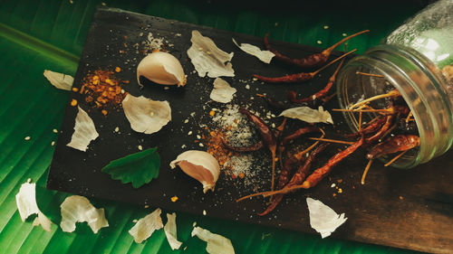 High angle view of fish on table