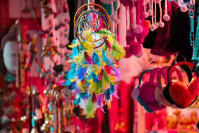 Close-up of multi colored dreamcatchers for sale in market