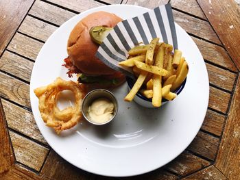 High angle view of food served on table