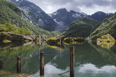 Scenic view of lake and mountains against sky