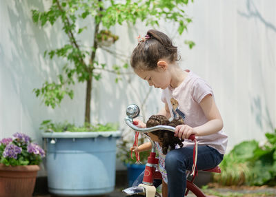 Young girl riding her tricycle in the backyard on a sunny day