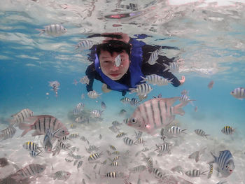 Man swimming in sea among fishes