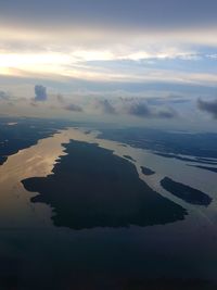 Aerial view of sea against sky at sunset