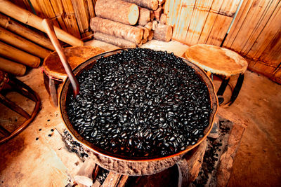 High angle view of black coffee on table