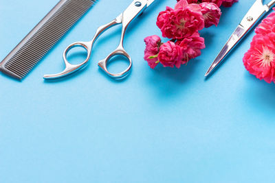 Scissors, comb and flower on a blue background with copy space.