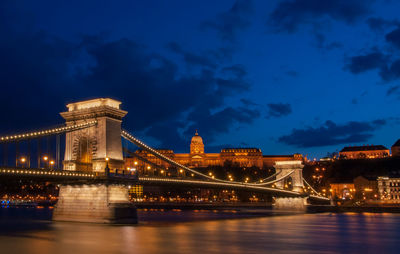 Royal palace or the buda castle and the chain bridge after sunset in budapest in hungary.