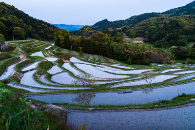 Scenic view of lake and mountains against sky