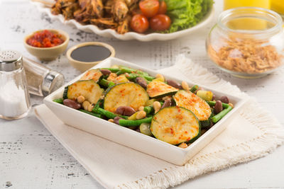 High angle view of food in plate on table