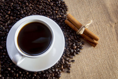 High angle view of coffee cup on table