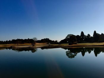 Scenic view of lake against clear blue sky