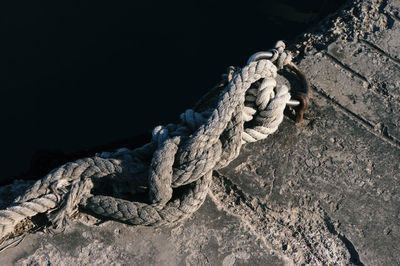 High angle view of rope tied on rock