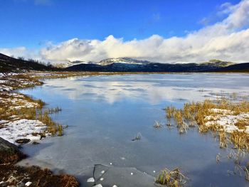 Scenic view of lake by snowcapped mountains against sky