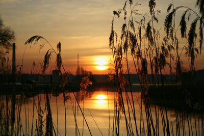 Scenic view of river against orange sky at sunrise