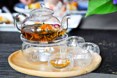 Close-up of tea in glass on table