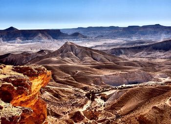 Scenic view of desert against clear blue sky