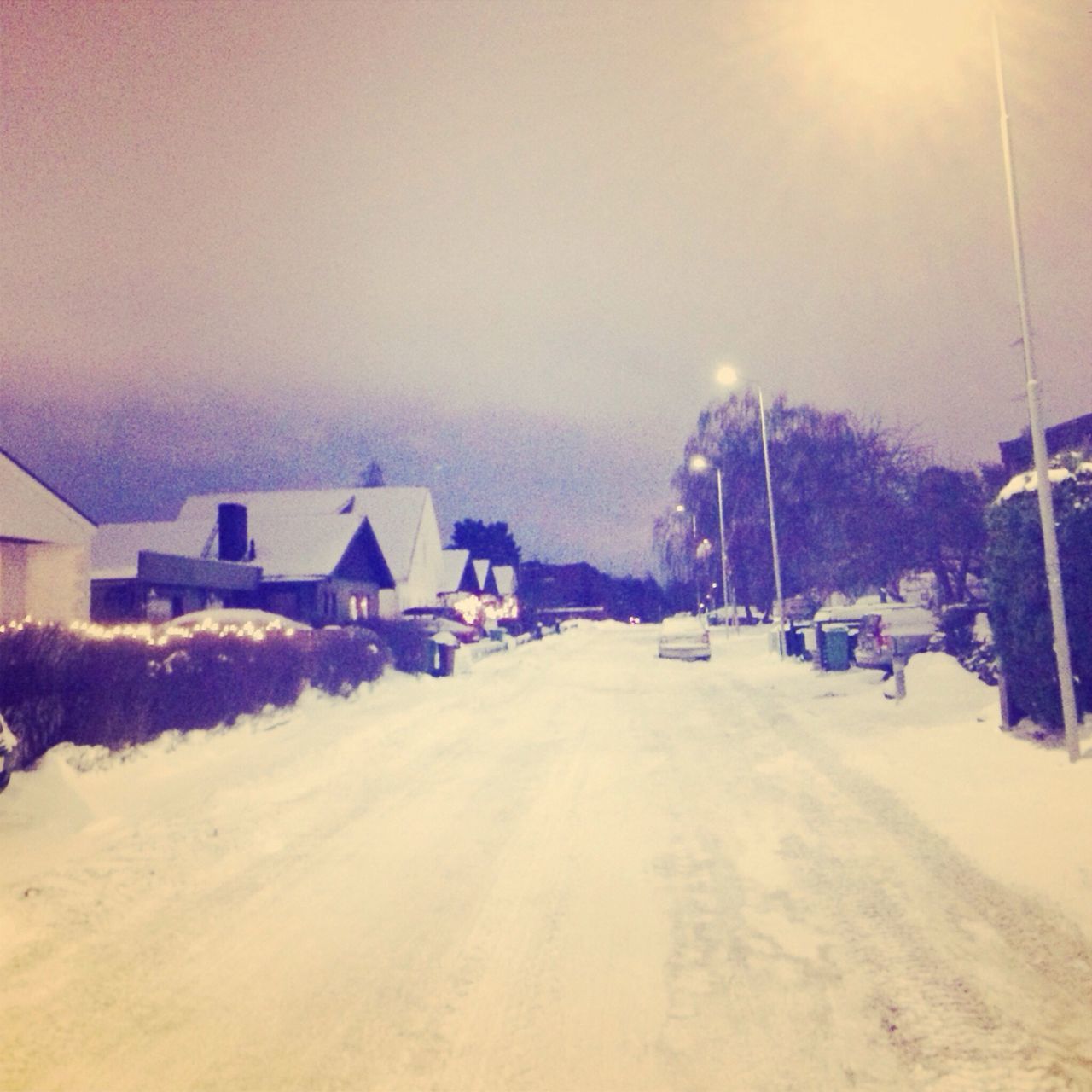 snow, winter, cold temperature, building exterior, architecture, built structure, weather, season, house, transportation, the way forward, road, sky, street, residential structure, car, land vehicle, covering, landscape, incidental people