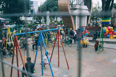 High angle view of people in front of building