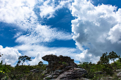 Low angle view of rock formation against sky