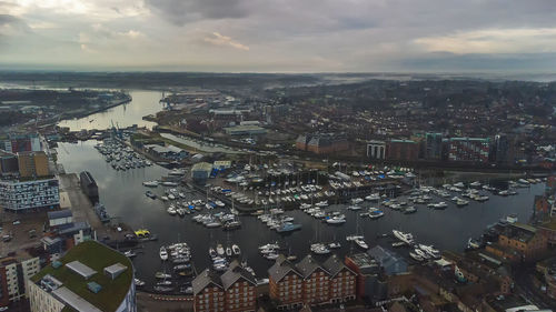 An aerial photo of the wet dock in ipswich, suffolk, uk at sunset