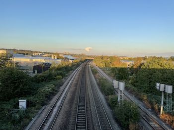 High angle view of railroad tracks against clear sky