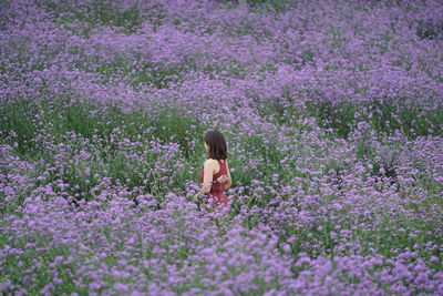 Rear view of woman with pink flowers on field