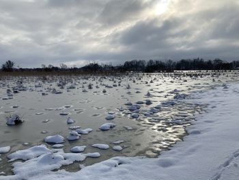 Scenic view of frozen lake against sky during winter