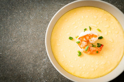 High angle view of soup in bowl