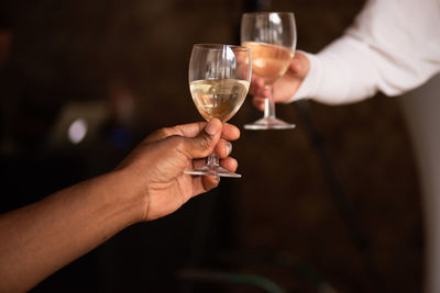 Two persons toasting with glasses of white wine