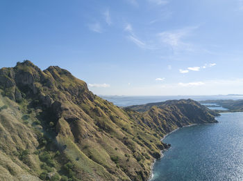 Scenic view of sea and mountains against sky