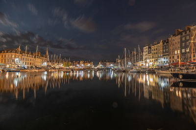 View of harbor at night