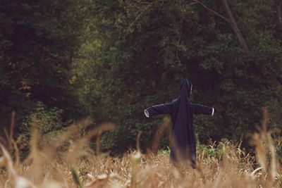 Scarecrow on field against tree