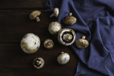 High angle view of mushrooms on table