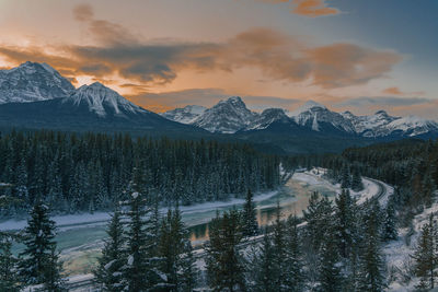 Scenic view of snowcapped mountains against sky during sunset