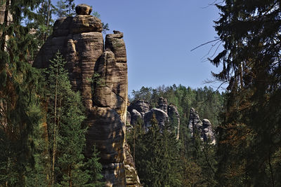 View of rock formation in forest against sky