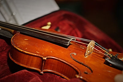 Close-up of violin on table