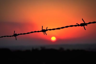 Silhouette barbed wire against sky during sunset