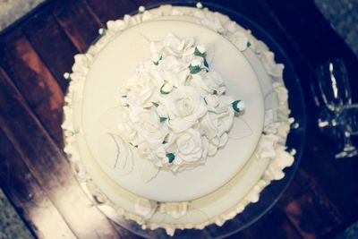 High angle view of cake in plate on table