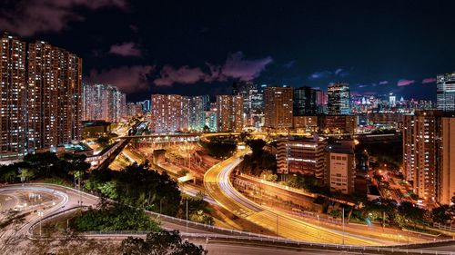 High angle view of illuminated cityscape at night