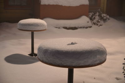 Close-up of snow on land against wall