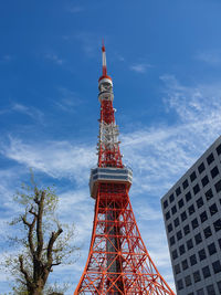 Low angle view of communications tower against cloudy sky