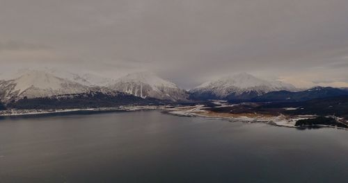 Scenic view of lake and snowcapped mountains against sky