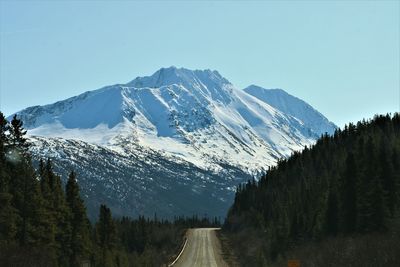 Scenic view of snowcapped mountains against clear sky