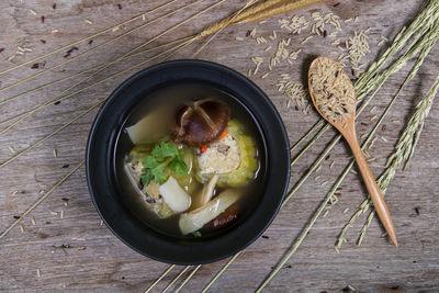 High angle view of soup in bowl on table