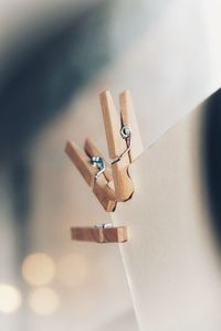 High angle view of clothespins on table