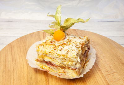 Close-up of dessert served on table