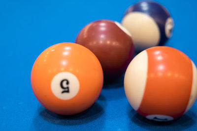 Close-up of colorful balls on pool table