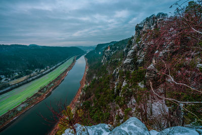 Panoramic view of the elbe and saxon switzerland near rathen, germany.