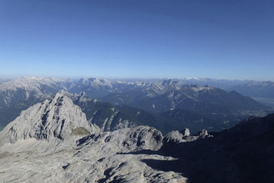 Scenic view of snowcapped mountains against clear blue sky