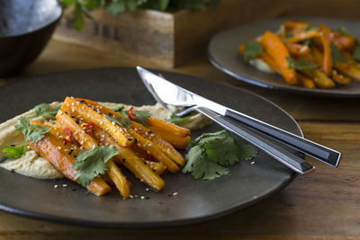 Close-up of food in plate on table