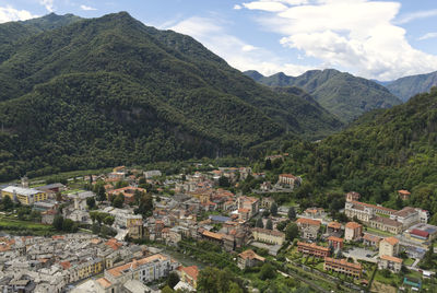 Aerial shot of the sesia river which crosses the city of varallo